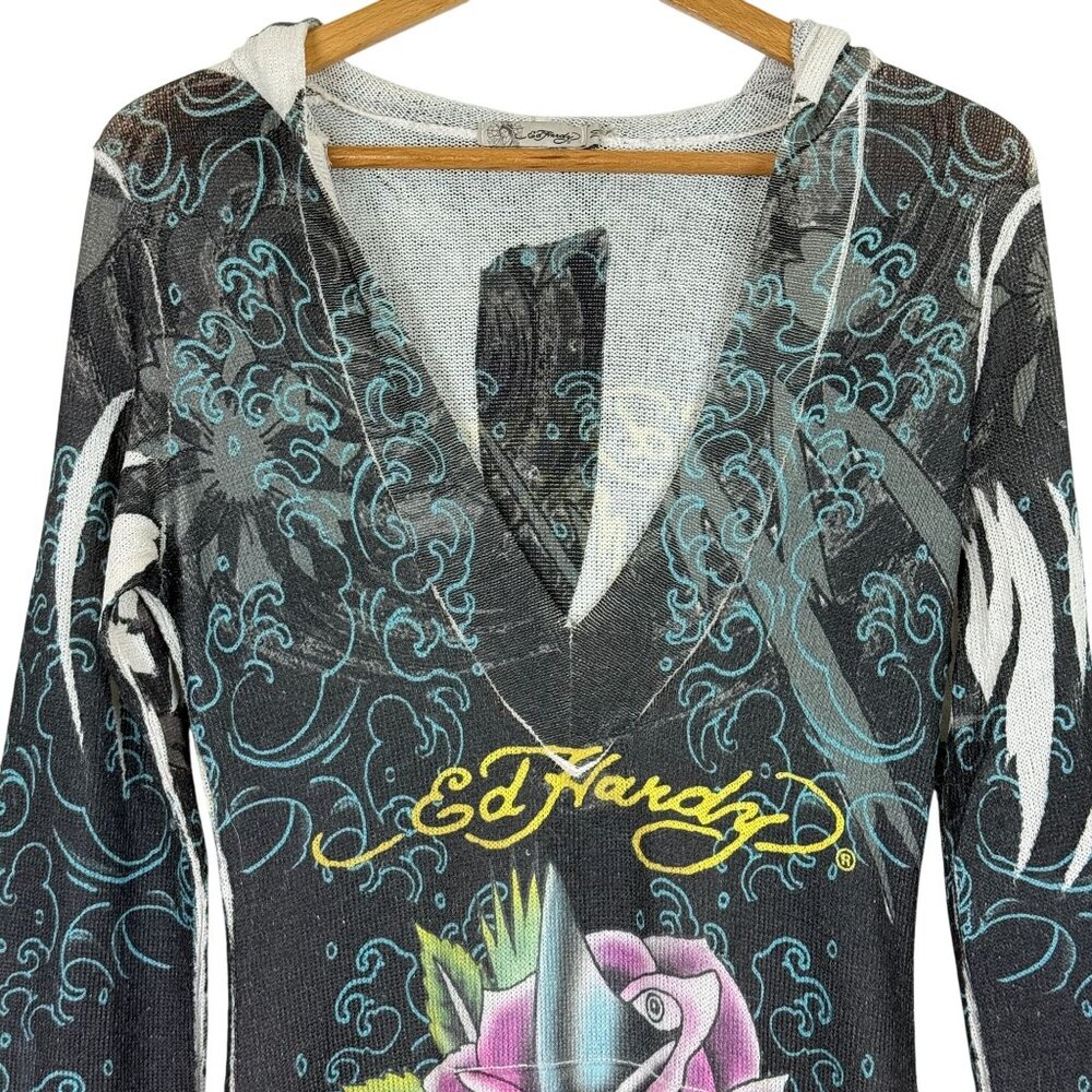 Ed Hardy Shark Rose Tattoo Graphic Tunic Hoodie Medium Vtg Y2K Long Sleeve USA - Picture 2 of 11